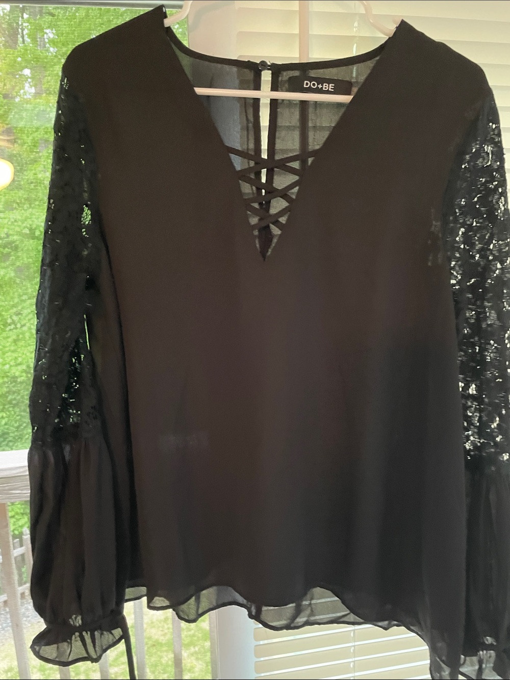 Sexy DO+BE Black Lace Sleeve V-Neck Blouse with Crisscross Detail & flowy